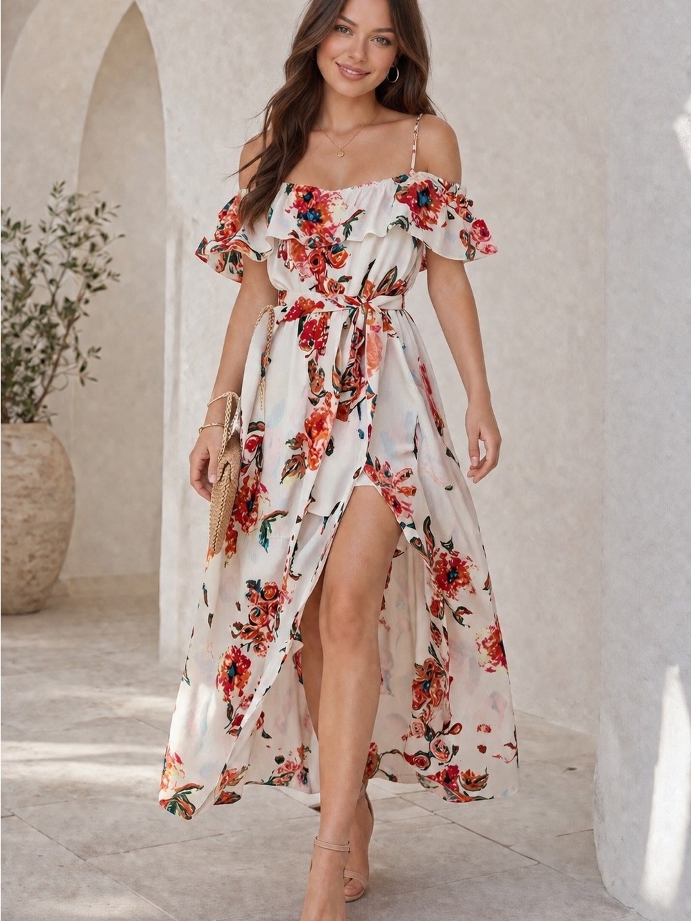 Floral Off-Shoulder Maxi Dress/romper in Ivory and Red